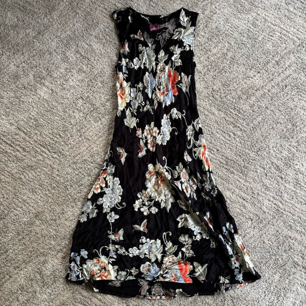 Vintage Satin Floral Black Dress
